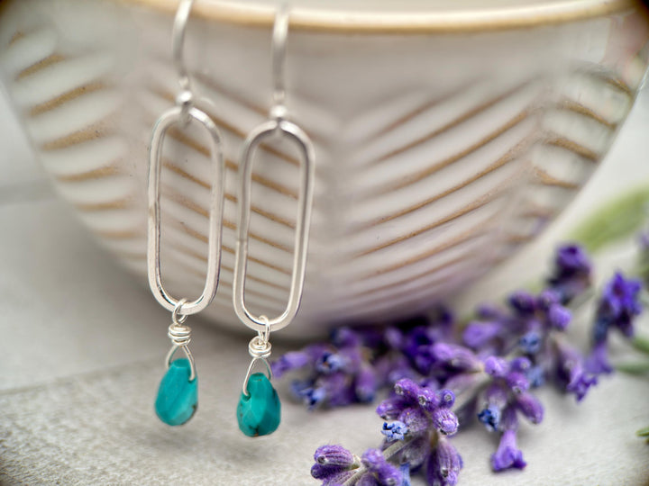 Turquoise Briolette and Sterling Silver Paperclip Hoop Earrings - SunlightSilver