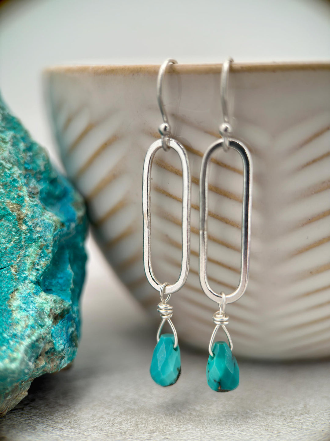 Turquoise Briolette and Sterling Silver Paperclip Hoop Earrings - SunlightSilver