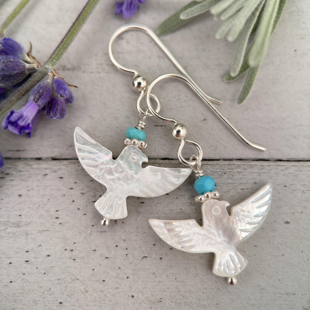 Turquoise, Mother of Pearl Thunder Bird and Sterling Silver Earrings - SunlightSilver