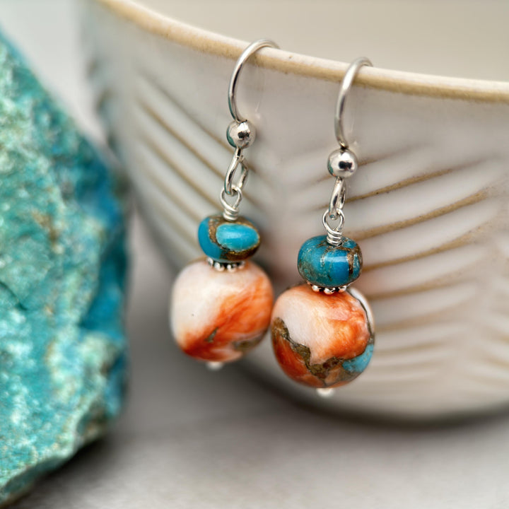 Spiny Oyster Shell, Kingman Turquoise and Sterling Silver Earrings - SunlightSilver