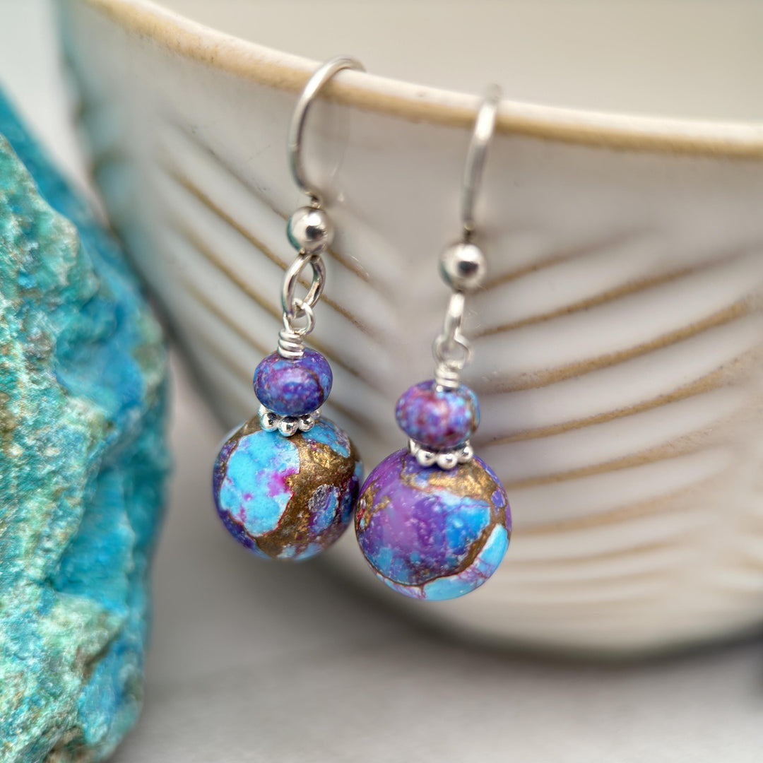 Kingman Mohave Turquoise and Sterling Silver Earrings. Purple Spiny Oyster Shell - SunlightSilver