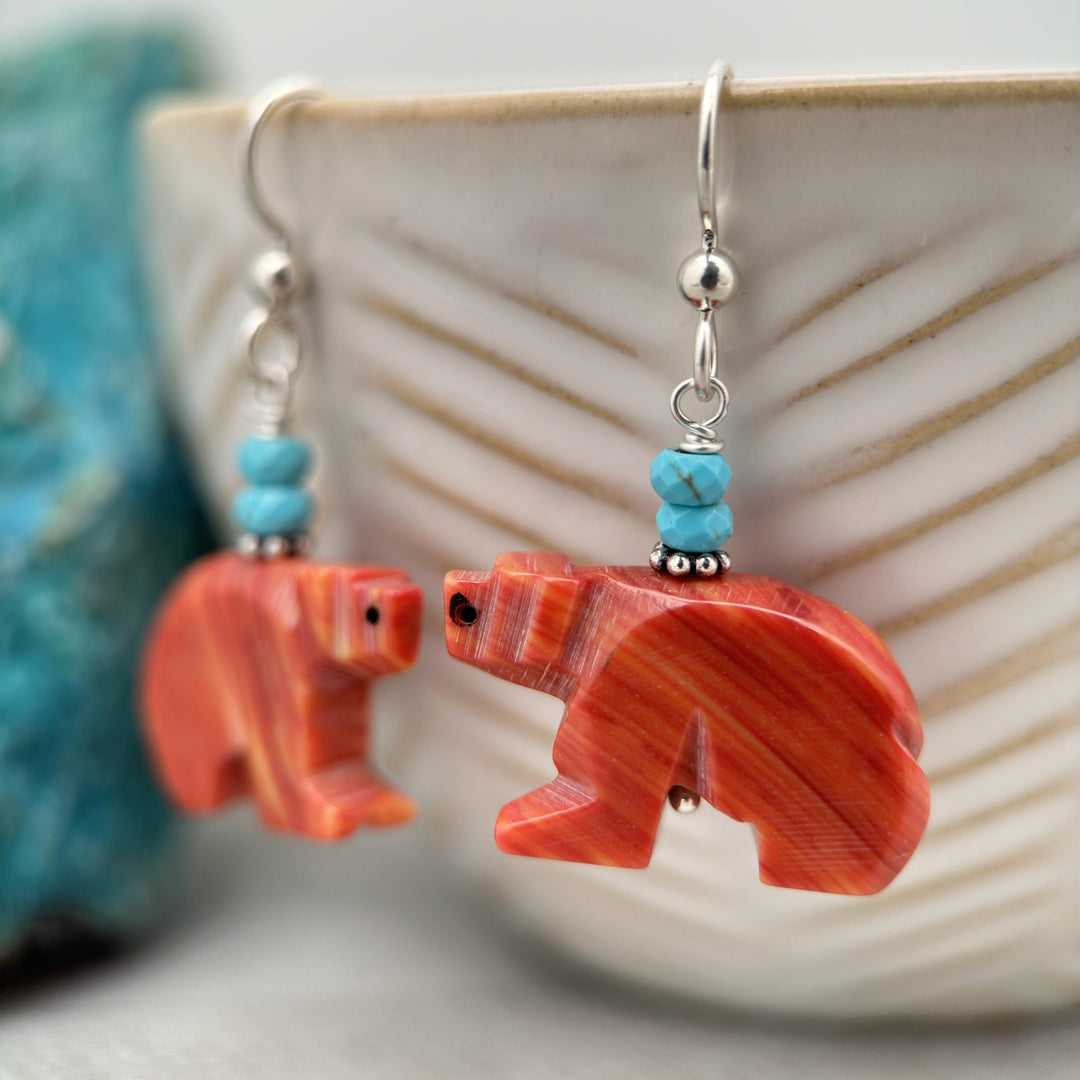 Zuni Bear Coral and Turquoise Earrings. Carved Native American Fetish - SunlightSilver