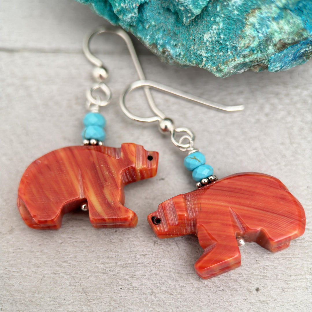 Zuni Bear Coral and Turquoise Earrings. Carved Native American Fetish - SunlightSilver