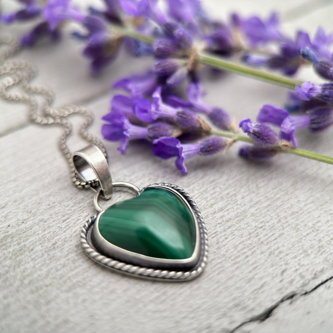 Malachite Heart Sterling Silver Pendant Necklace - SunlightSilver