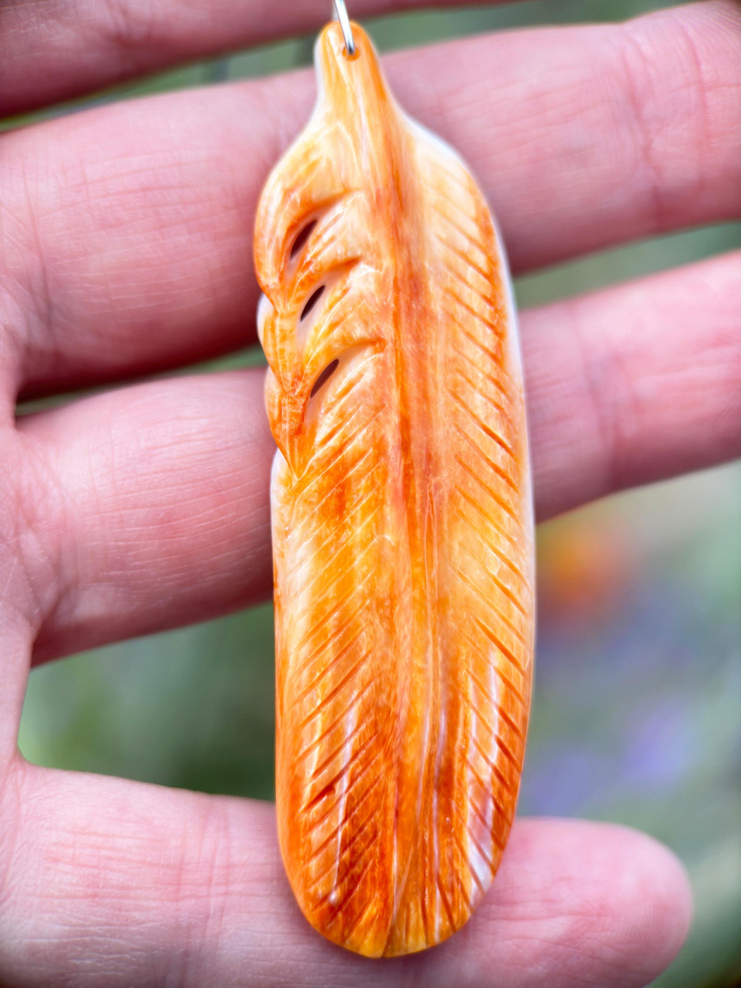 Large Carved Orange Spiny Oyster Feather and Sterling Silver Pendant - SunlightSilver