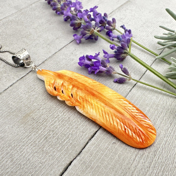 Large Carved Orange Spiny Oyster Feather and Sterling Silver Pendant - SunlightSilver