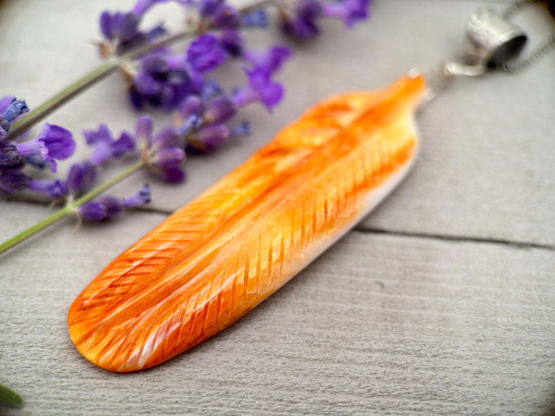 Large Carved Orange Spiny Oyster Feather and Sterling Silver Pendant - SunlightSilver