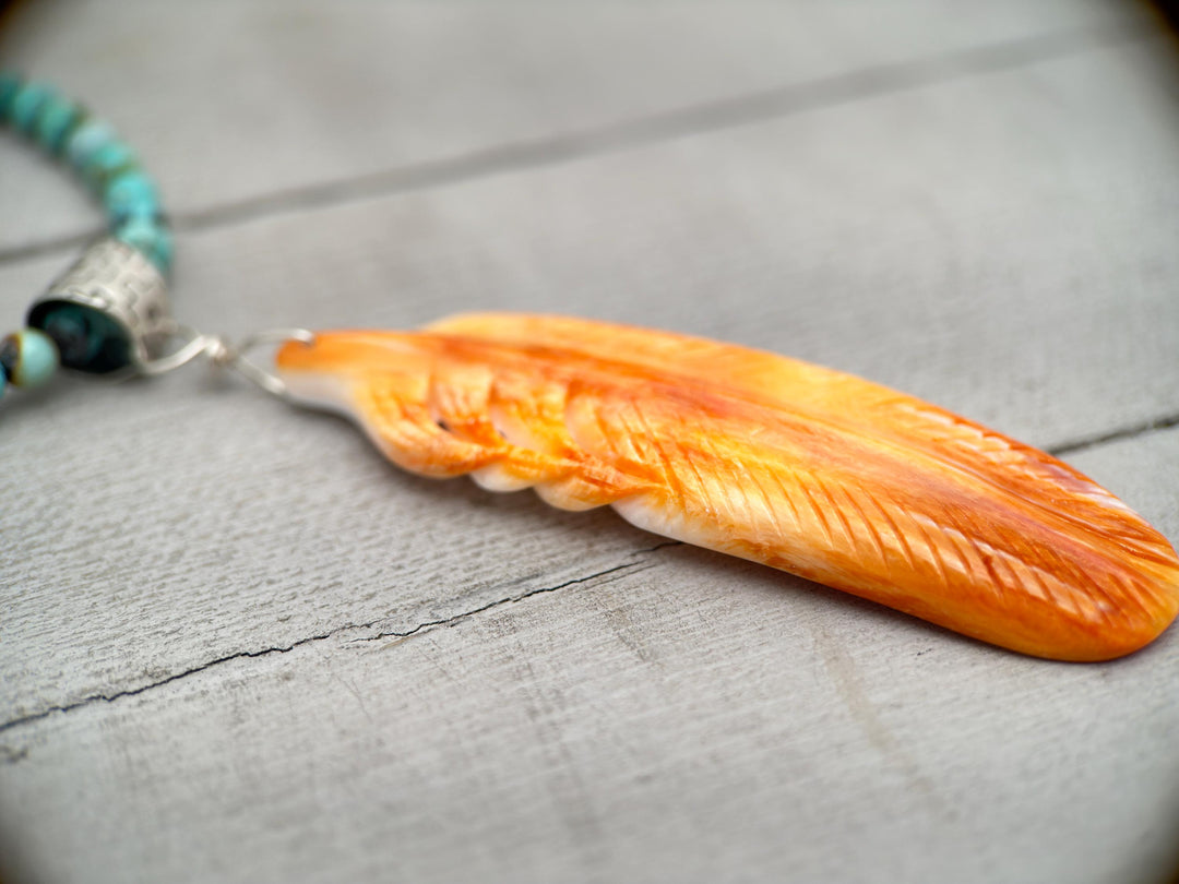 Large Carved Orange Spiny Oyster Feather and Sterling Silver Pendant - SunlightSilver