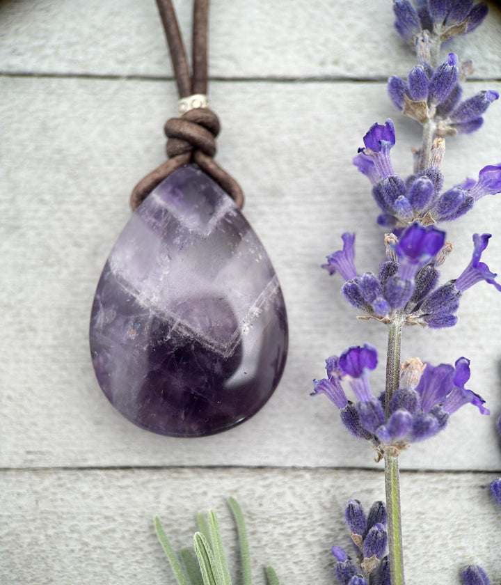 Purple Amethyst Pendant Leather Necklace - SunlightSilver