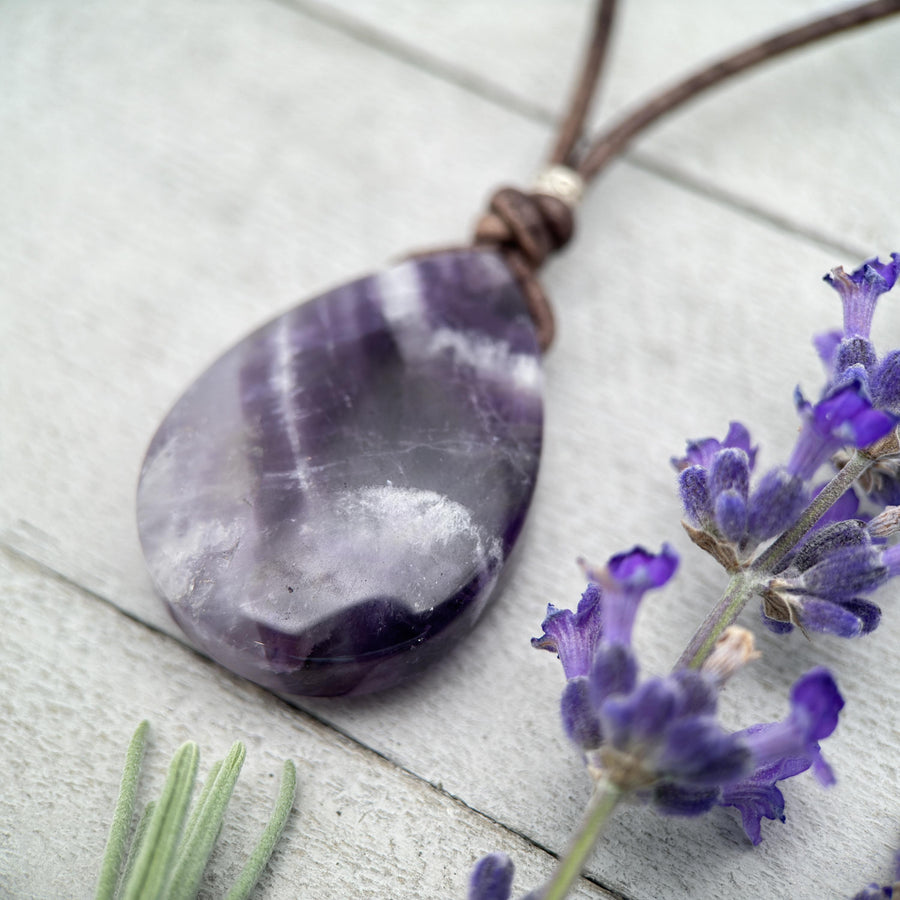 Purple Chevron Amethyst Pendant Leather Necklace - SunlightSilver