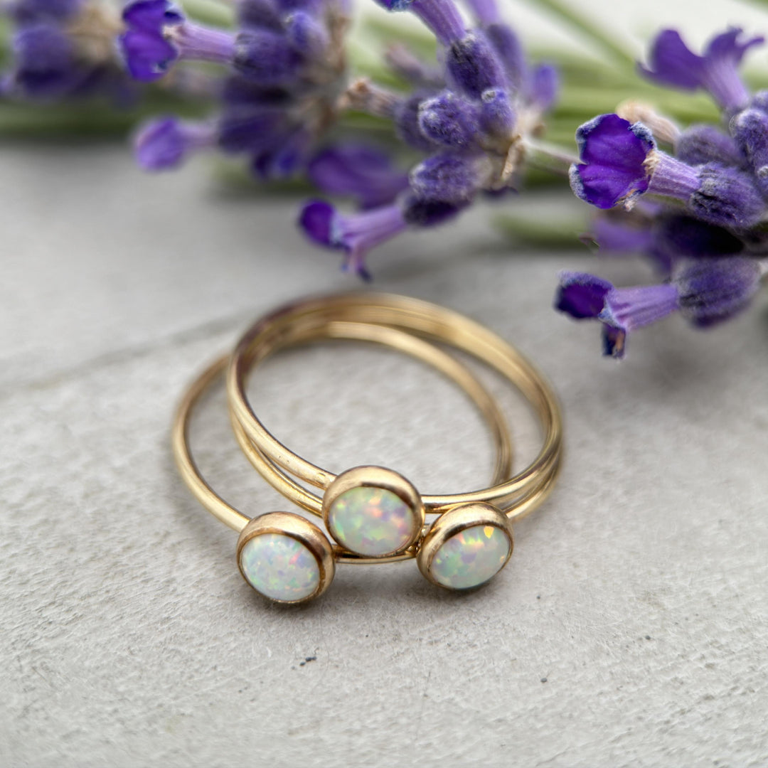 Opal 14k Yellow Gold Fill Stacking Ring. Simulated Lab White Opal Size 5 - 8 US. - SunlightSilver