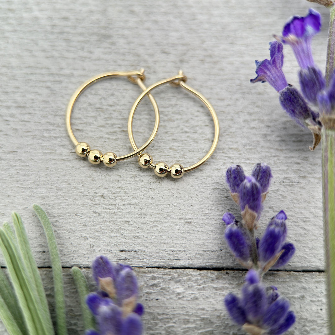 Gold Hoop Earrings with 3 Beads - 14k Yellow Minimalist Everyday 24-7 Hoop Earrings - SunlightSilver