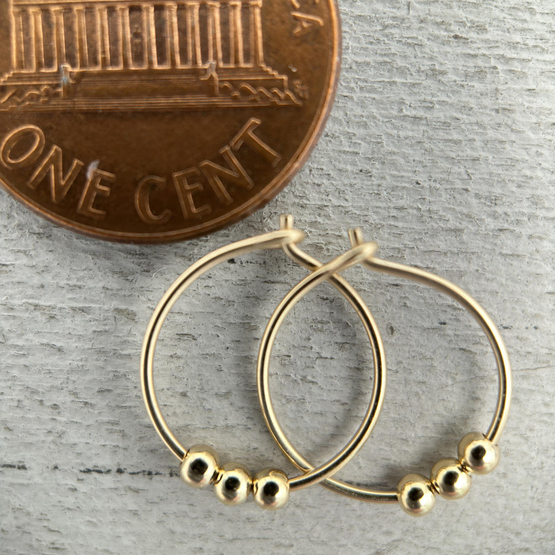 Small 14k Yellow Gold Fill Hoop Earrings with 3 Beads - SunlightSilver