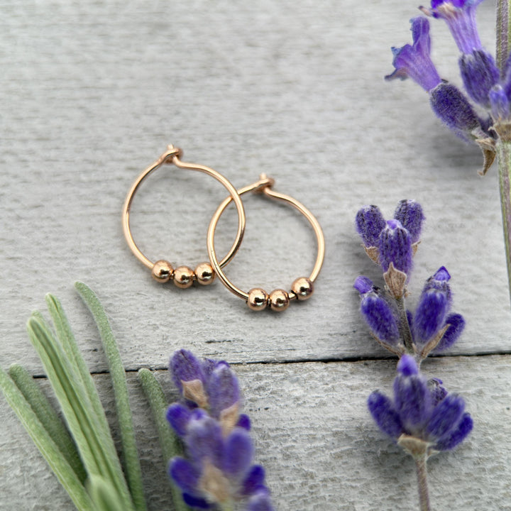 14k Rose Gold Fill Hoop Earrings with 3 Beads - SunlightSilver