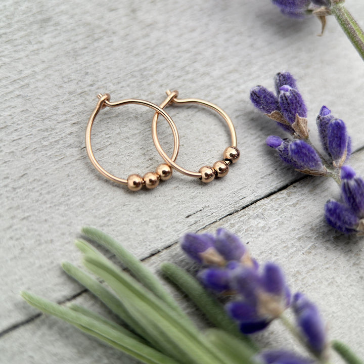 14k Rose Gold Fill Hoop Earrings with 3 Beads - SunlightSilver