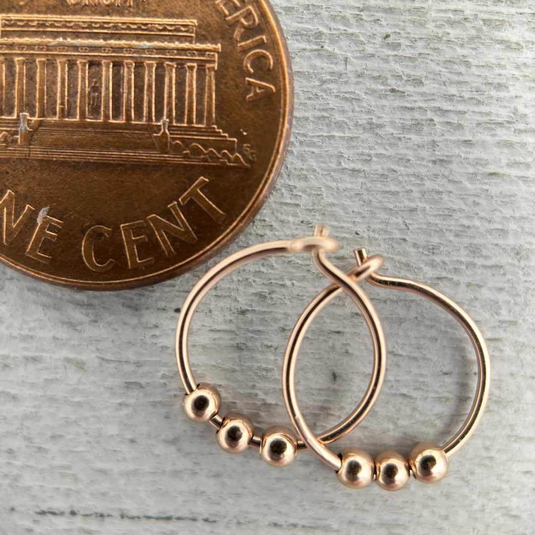 Small Rose Gold Hoops - 14k Small Sleeper Earrings - 3 Bead Minimalist Huggies - SunlightSilver