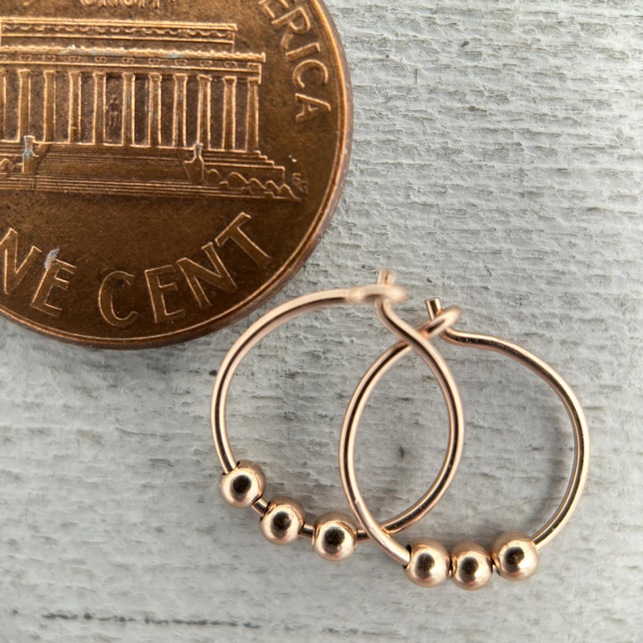 Small Rose Gold Hoops - 14k Small Sleeper Earrings - 3 Bead Minimalist Huggies - SunlightSilver