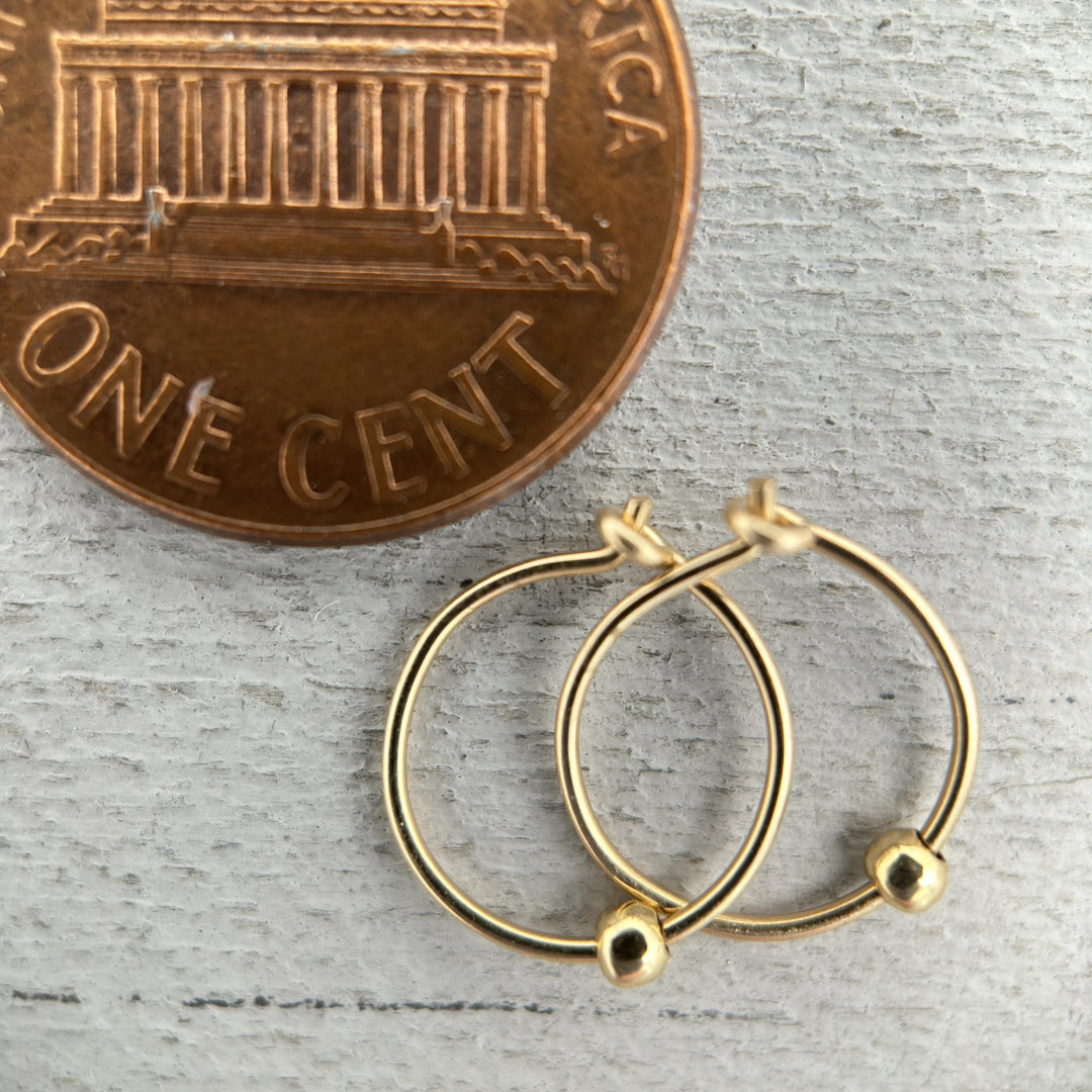 14k Yellow Gold Fill Tiny Hoop Earrings with Ball Bead - Minimalist Everyday - 24-7 Earrings - SunlightSilver