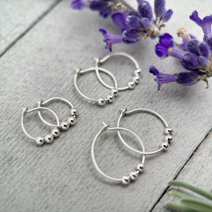Sterling Silver Small Hoop Earrings with 3 Silver Ball Beads - Minimalist Everyday 24-7 Earrings - SunlightSilver
