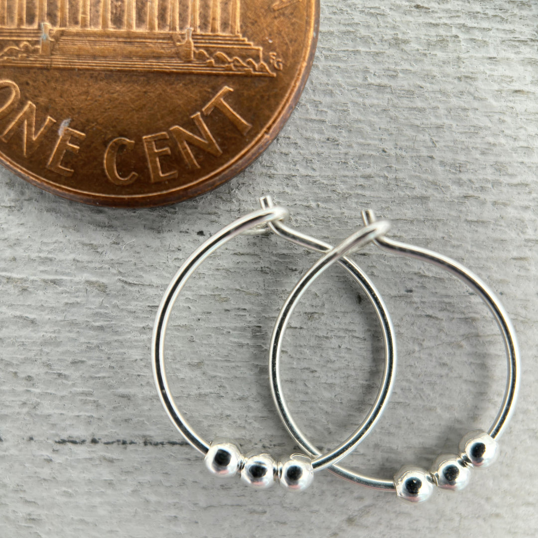 Sterling Silver Small Hoop Earrings with 3 Silver Ball Beads - Minimalist Everyday 24-7 Earrings - SunlightSilver