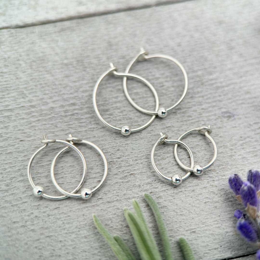 Sterling Silver Tiny Hoop Earrings with Silver Ball Bead - SunlightSilver