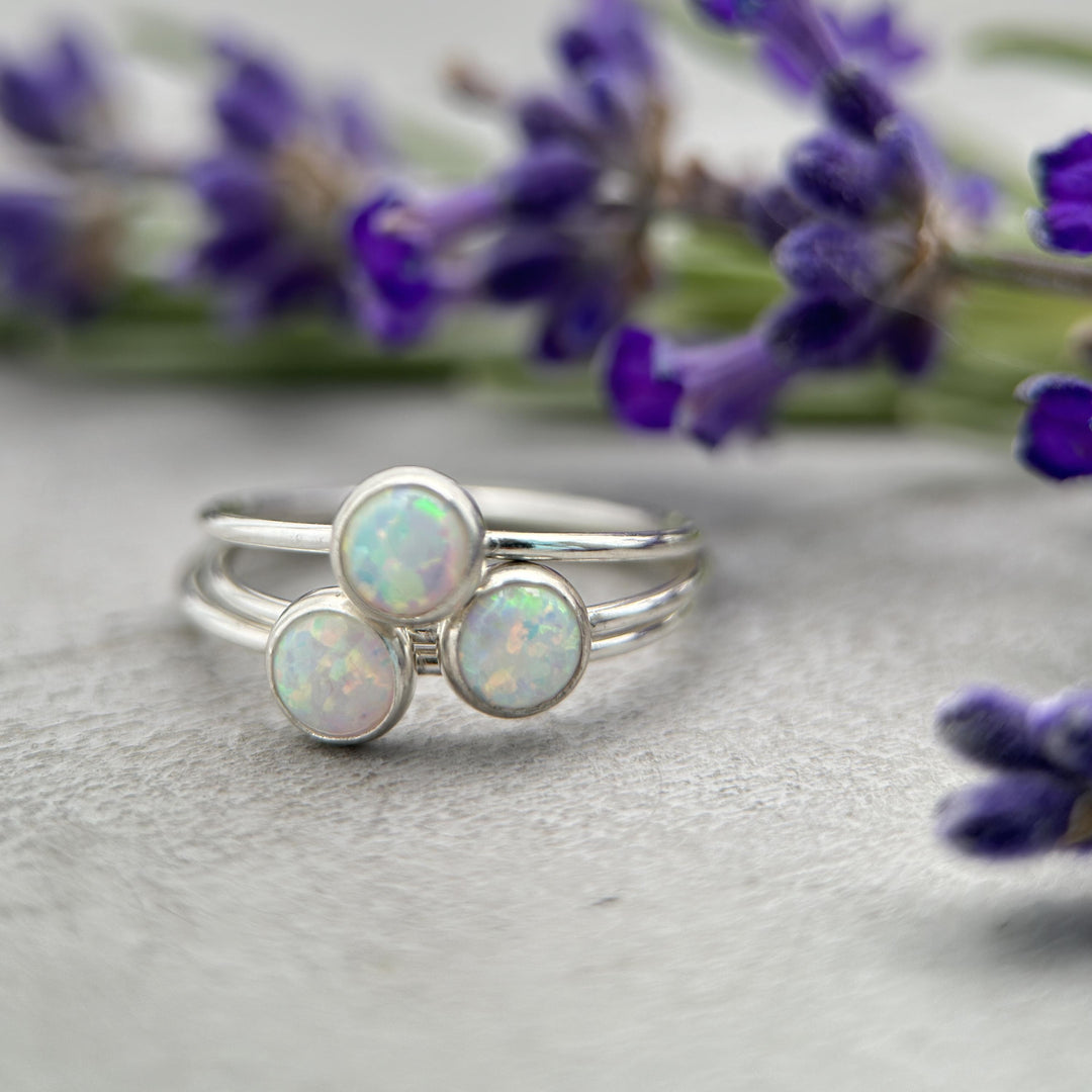 Opal Stacking Ring. Solid 925 Sterling Silver with Simulated Lab Opal. Size 4.5 - 8 US. Thin band. Stackable - SunlightSilver