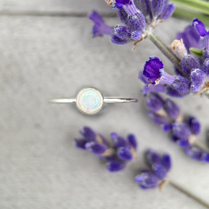 Opal Stacking Ring. Solid 925 Sterling Silver with Simulated Lab Opal. Size 4.5 - 8 US. Thin band. Stackable - SunlightSilver