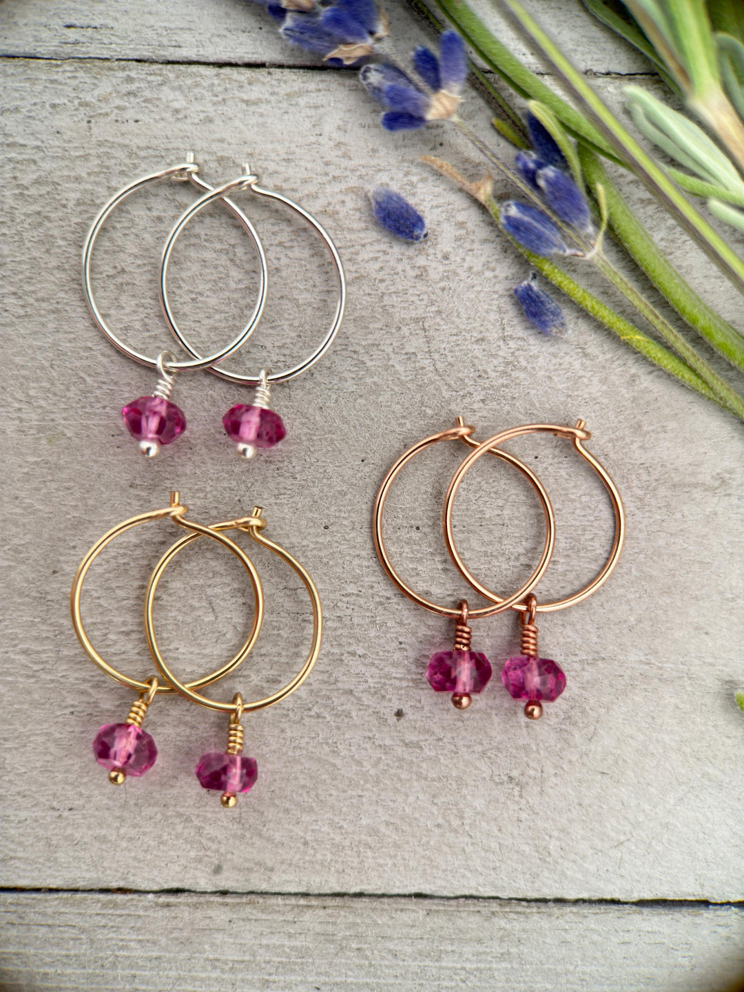 Pink Topaz Charm Hoop Earrings. Available in Solid 925 Sterling Silver, 14k Yellow or Rose Gold Fill - SunlightSilver