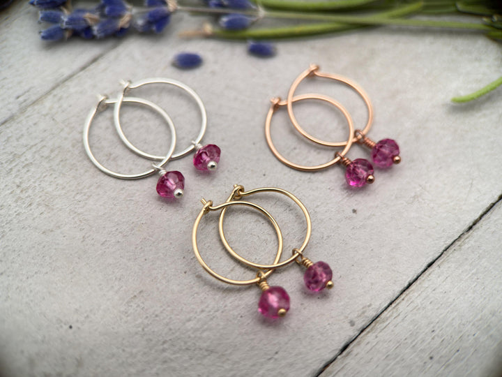 Pink Topaz Charm Hoop Earrings. Available in Solid 925 Sterling Silver, 14k Yellow or Rose Gold Fill - SunlightSilver