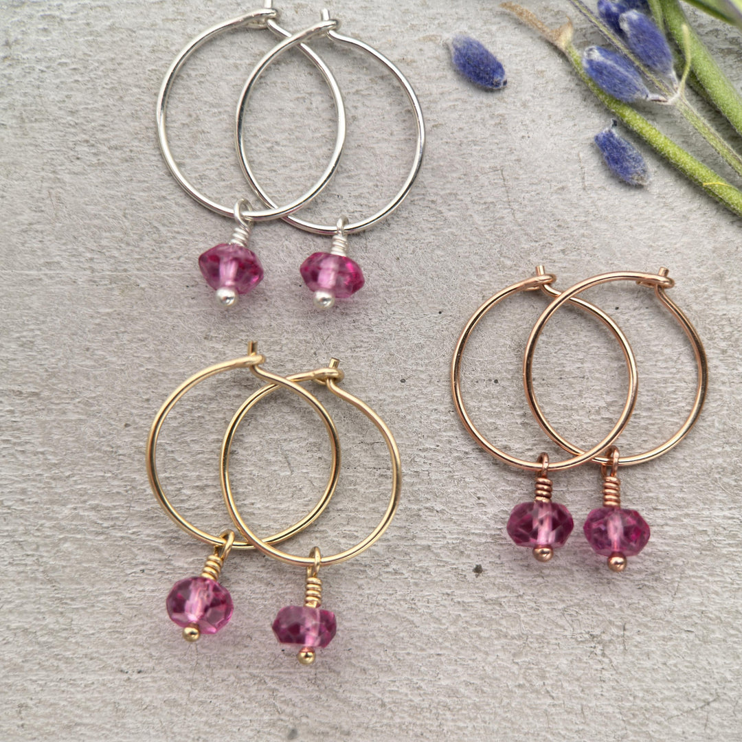 Pink Topaz Charm Hoop Earrings. Available in Solid 925 Sterling Silver, 14k Yellow or Rose Gold Fill - SunlightSilver