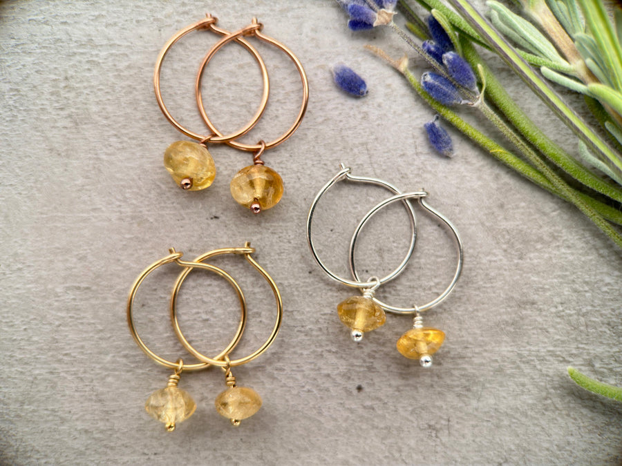 Citrine Charm Hoop Earrings. Available in Solid 925 Sterling Silver, 14k Yellow or Rose Gold Fill - SunlightSilver