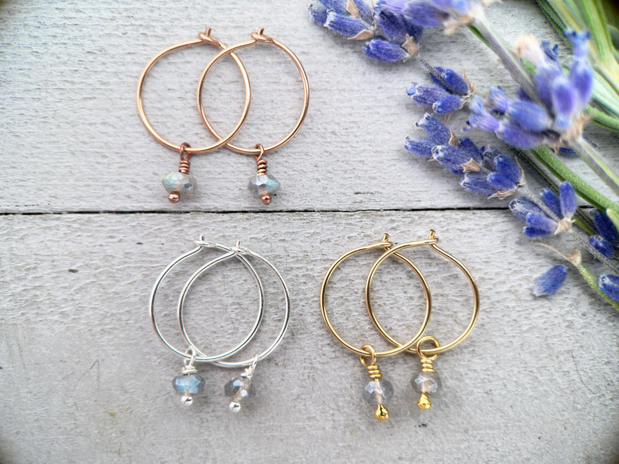 Labradorite Charm Hoop Earrings Available in Solid 925 Sterling Silver, 14k Yellow or Rose Gold Fill - SunlightSilver