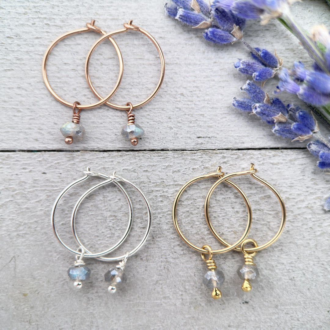 Labradorite Charm Hoop Earrings Available in Solid 925 Sterling Silver, 14k Yellow or Rose Gold Fill - SunlightSilver