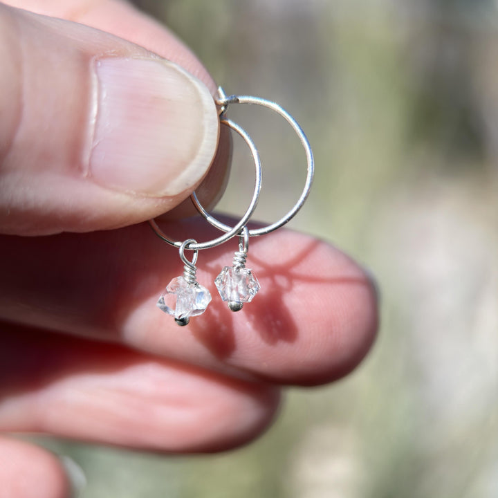 Herkimer Diamond Charm Hoop Earrings Available in Solid 925 Sterling Silver, 14k Yellow or Rose Gold Fill - SunlightSilver