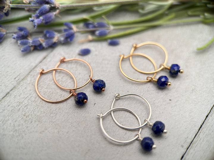 Lapis Charm Hoop Earrings Available in Solid 925 Sterling Silver, 14k Yellow or Rose Gold Fill - SunlightSilver