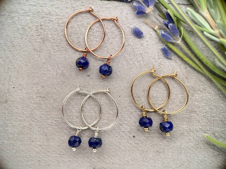 Lapis Charm Hoop Earrings Available in Solid 925 Sterling Silver, 14k Yellow or Rose Gold Fill - SunlightSilver