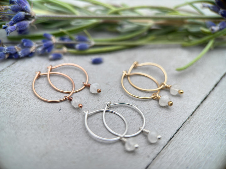 Moonstone Charm Hoop Earrings Available in Solid 925 Sterling Silver, 14k Yellow or Rose Gold Fill - SunlightSilver