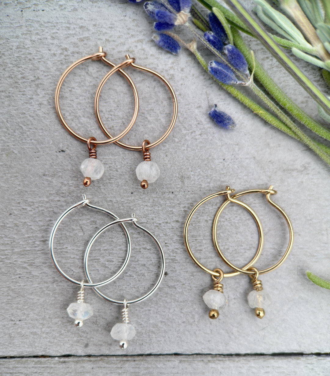 Moonstone Charm Hoop Earrings Available in Solid 925 Sterling Silver, 14k Yellow or Rose Gold Fill - SunlightSilver