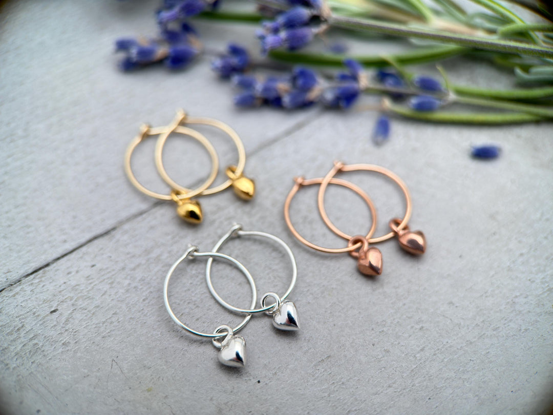 Heart Charm Earrings | Sterling Silver, Yellow, Rose Gold Hoops | Love Symbol Gift - SunlightSilver