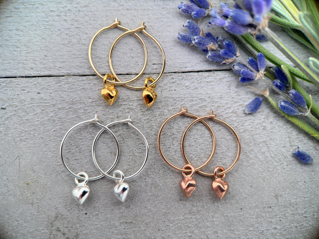 Heart Charm Hoop Earrings Available in Solid 925 Sterling Silver, 14k Yellow or Rose Gold Fill - SunlightSilver