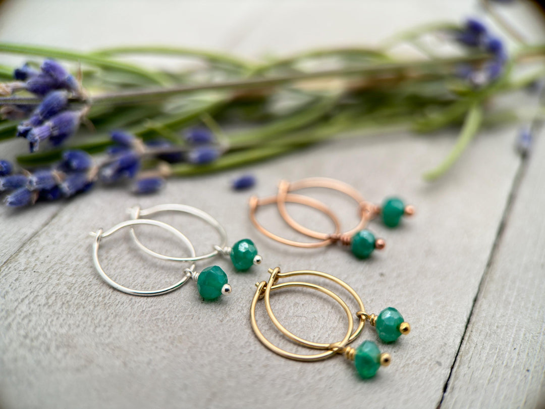 Green Onyx Charm Hoop Earrings. Available in Solid 925 Sterling Silver, 14k Yellow or Rose Gold Fill - SunlightSilver