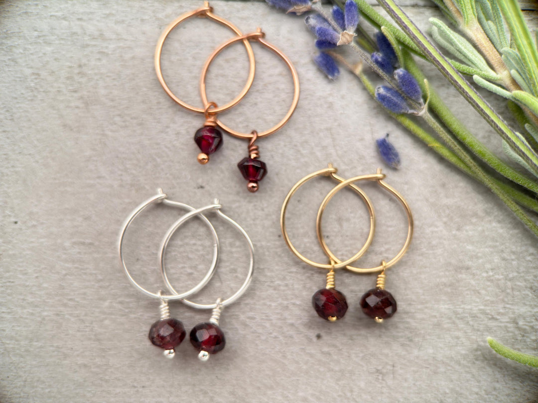 Garnet Charm Hoop Earrings. Available in Solid 925 Sterling Silver, 14k Yellow or Rose Gold Fill - SunlightSilver