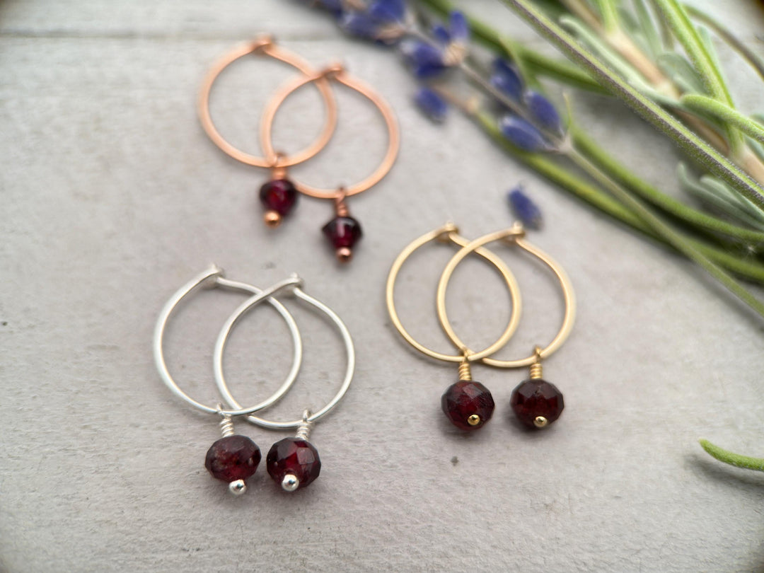 Garnet Charm Hoop Earrings. Available in Solid 925 Sterling Silver, 14k Yellow or Rose Gold Fill - SunlightSilver