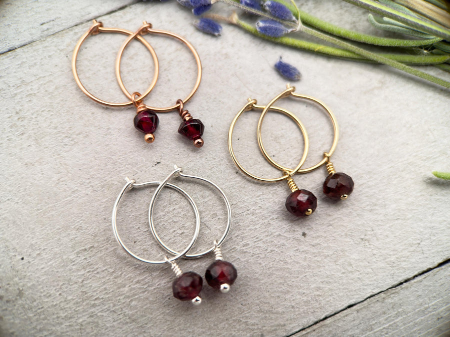 Garnet Charm Hoop Earrings. Available in Solid 925 Sterling Silver, 14k Yellow or Rose Gold Fill - SunlightSilver