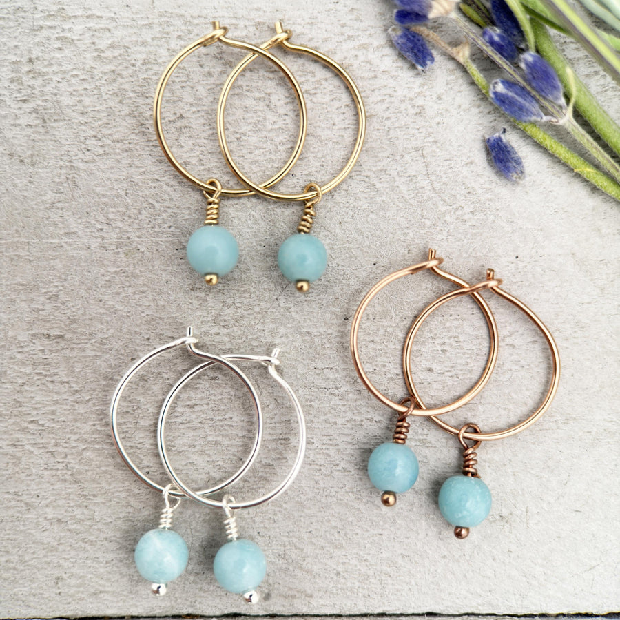 Blue Amazonite Charm Hoop Earrings. Available in Solid 925 Sterling Silver, 14k Yellow or Rose Gold Fill - SunlightSilver