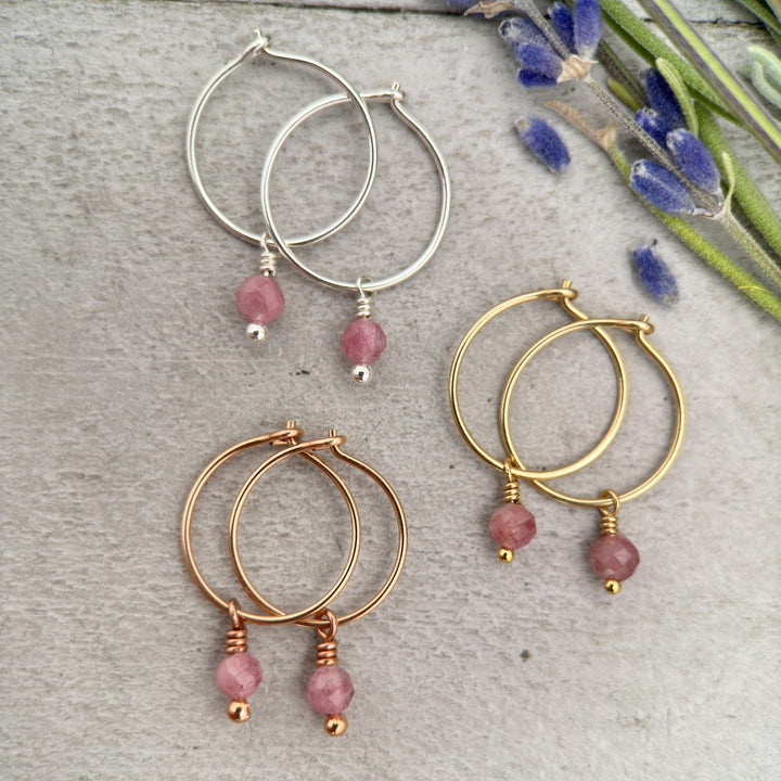 Pink Tourmaline Charm Hoop Earrings. Available in Solid 925 Sterling Silver, 14k Yellow or Rose Gold Fill - SunlightSilver