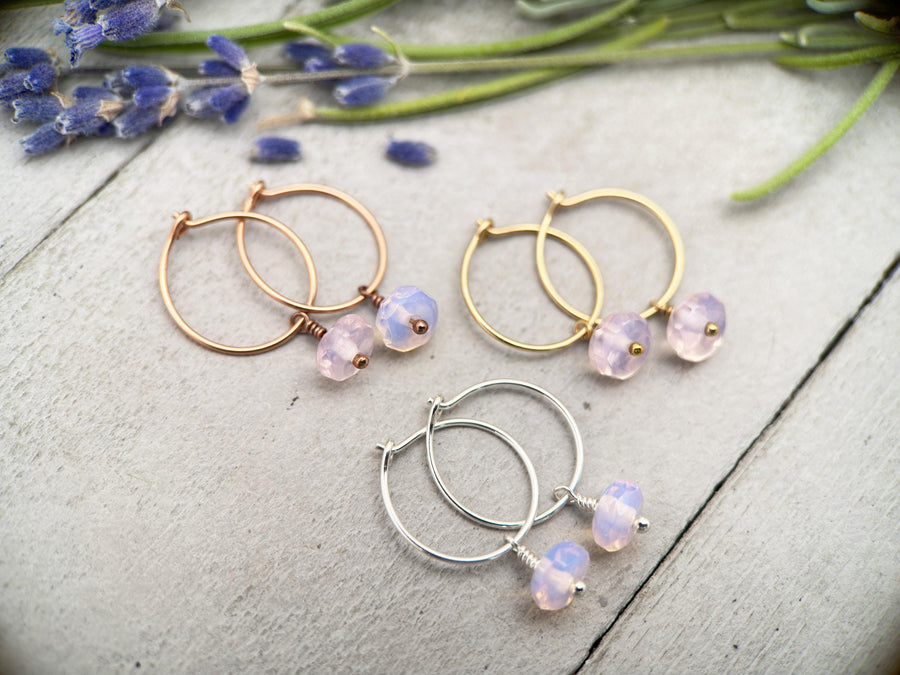 Pink Opalite Charm Hoop Earrings. Available in Solid 925 Sterling Silver, 14k Yellow or Rose Gold Fill - SunlightSilver