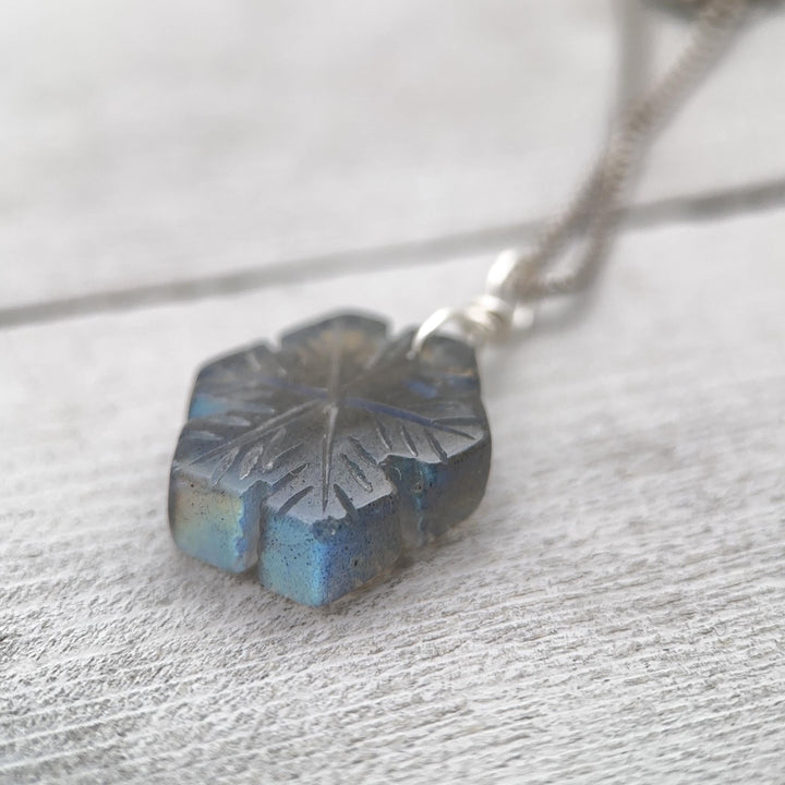 Labradorite Carved Snowflake and Sterling Silver Pendant - SunlightSilver