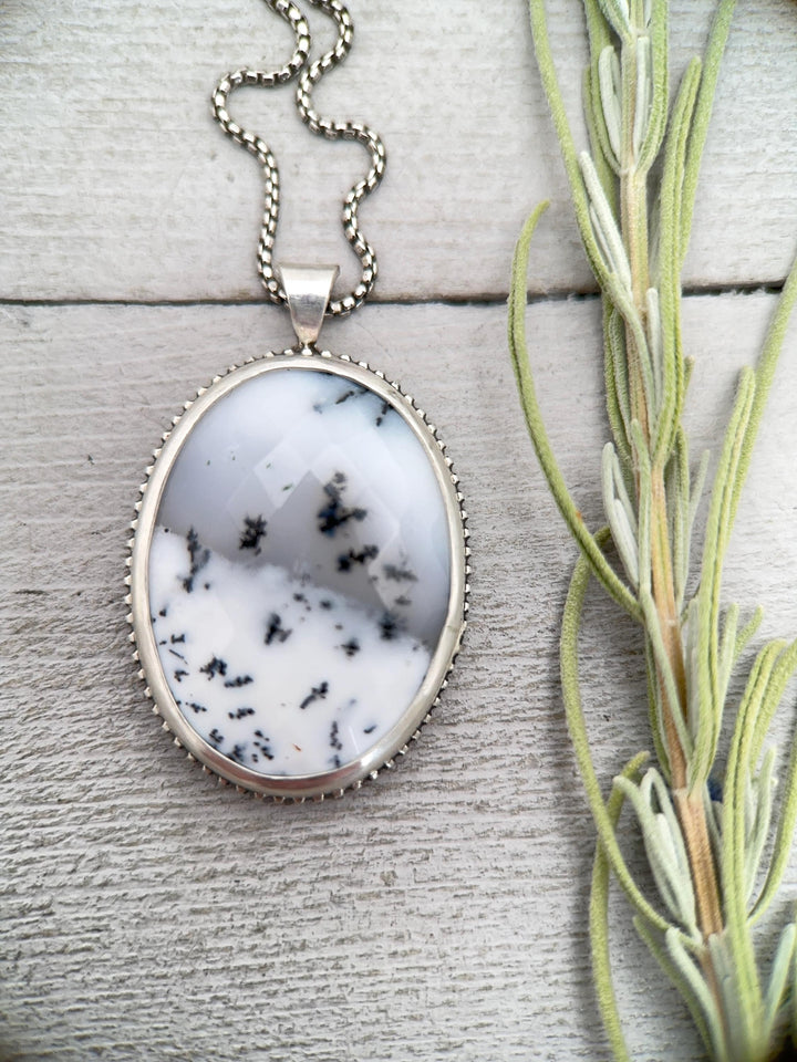 Dendritic Opal Chalcedony and Sterling Silver Snowy Landscape Necklace - SunlightSilver