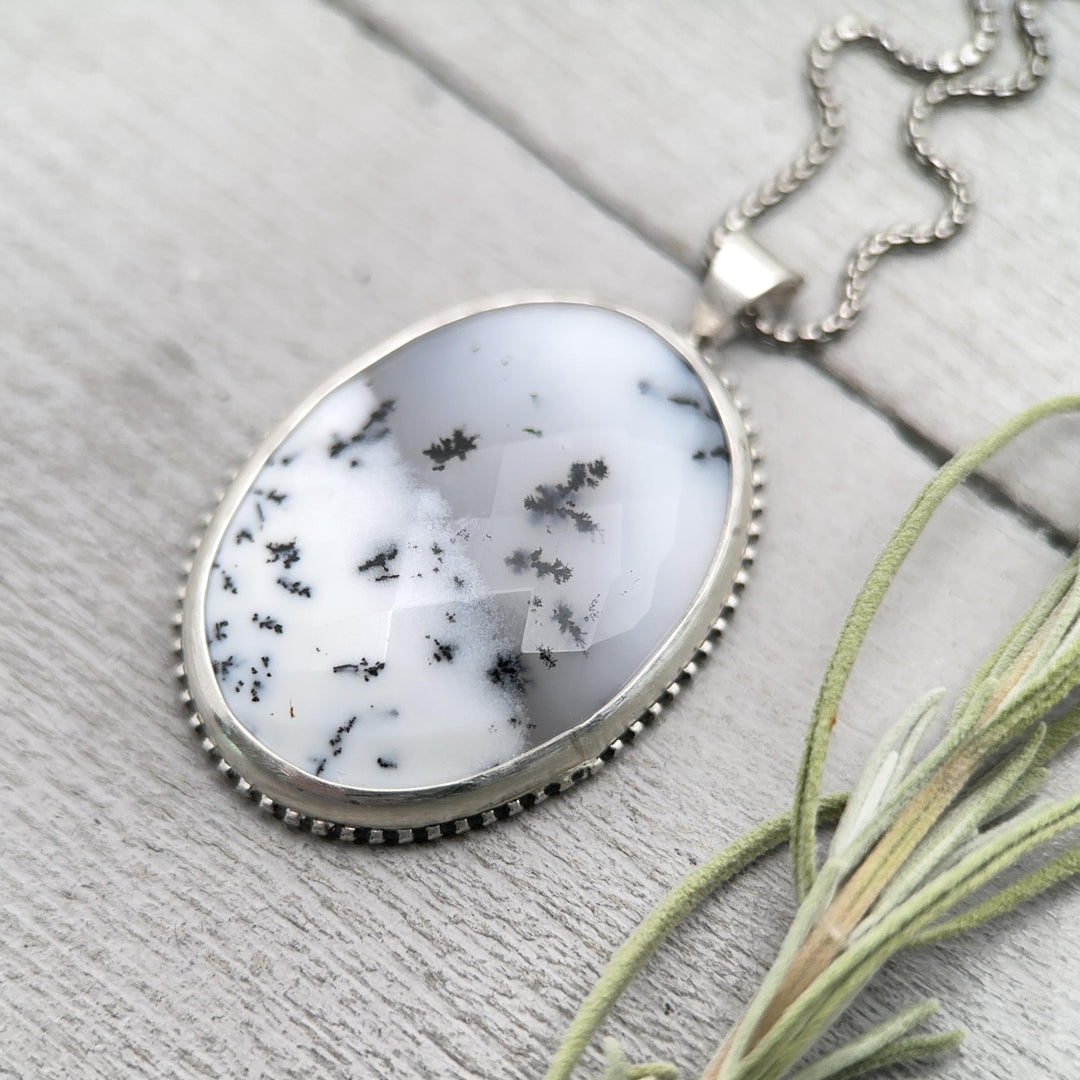 Dendritic Opal Chalcedony and Sterling Silver Snowy Landscape Necklace - SunlightSilver